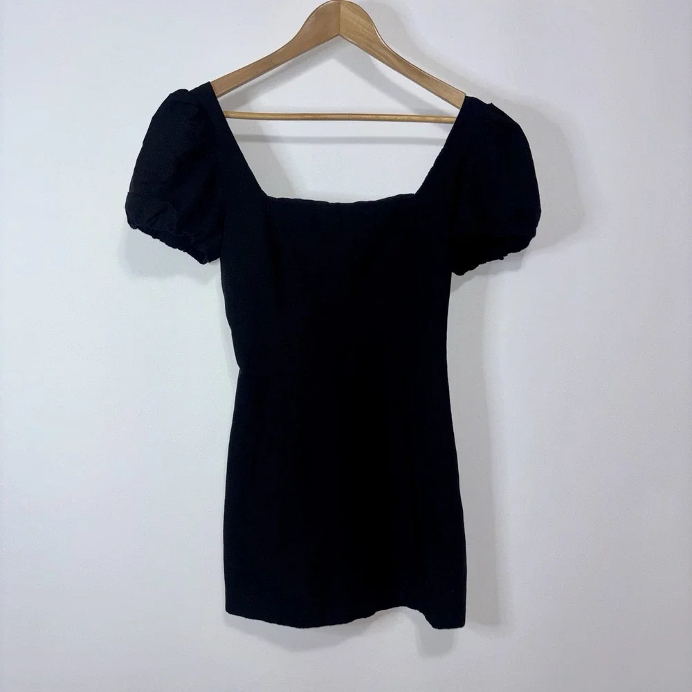 Zara Square Neck Puff Sleeve Lace Up Open Back Babydoll Mini Dress Black Medium